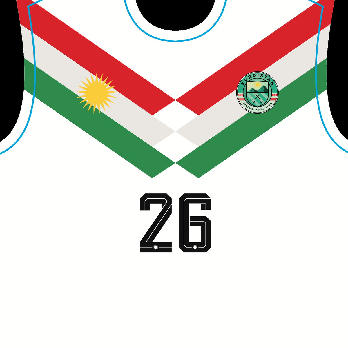 Chest of the Deniz Undav Kurdistan Edition print design: the sun with 21 rays, the chevron, the Kurdistan crest and the number 26