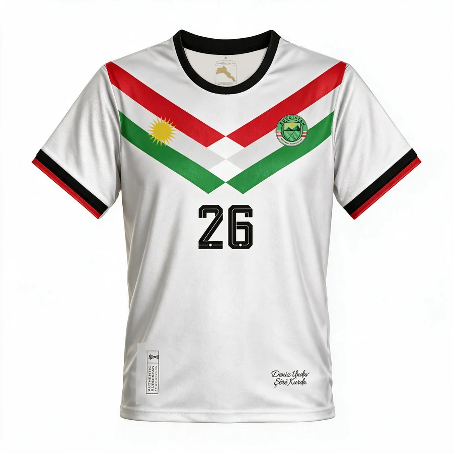 Visualisation of the Deniz Undav Kurdistan Edition, Kit 1, front: white shirt with a red, white and green chevron, the sun and the Kurdistan crest
